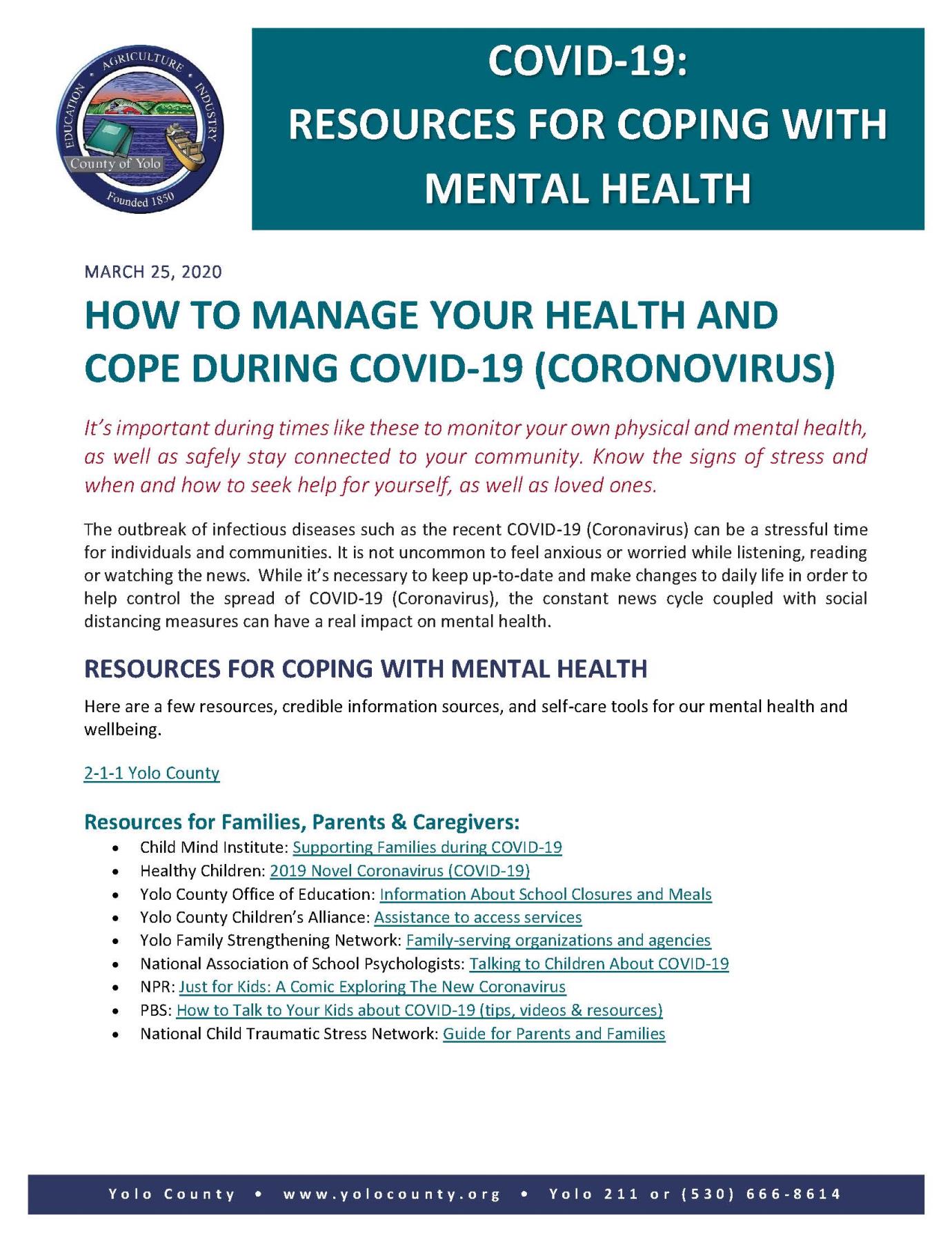 COVID 19 Mental Health Resources- English- 3.27.20