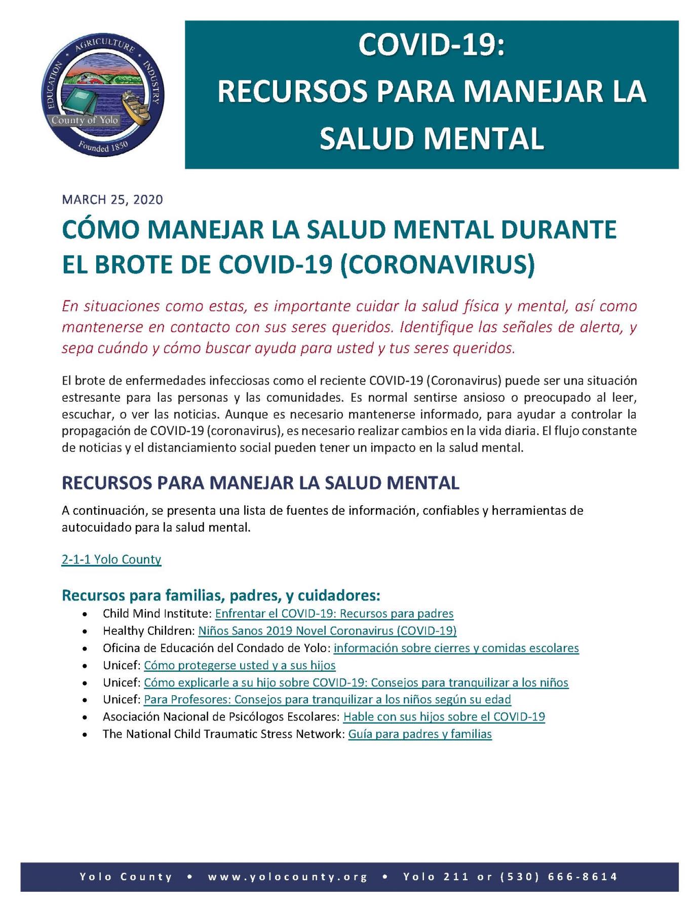 DRAFT COVID 19 Mental Health Resources- Spanish- 3.27.20