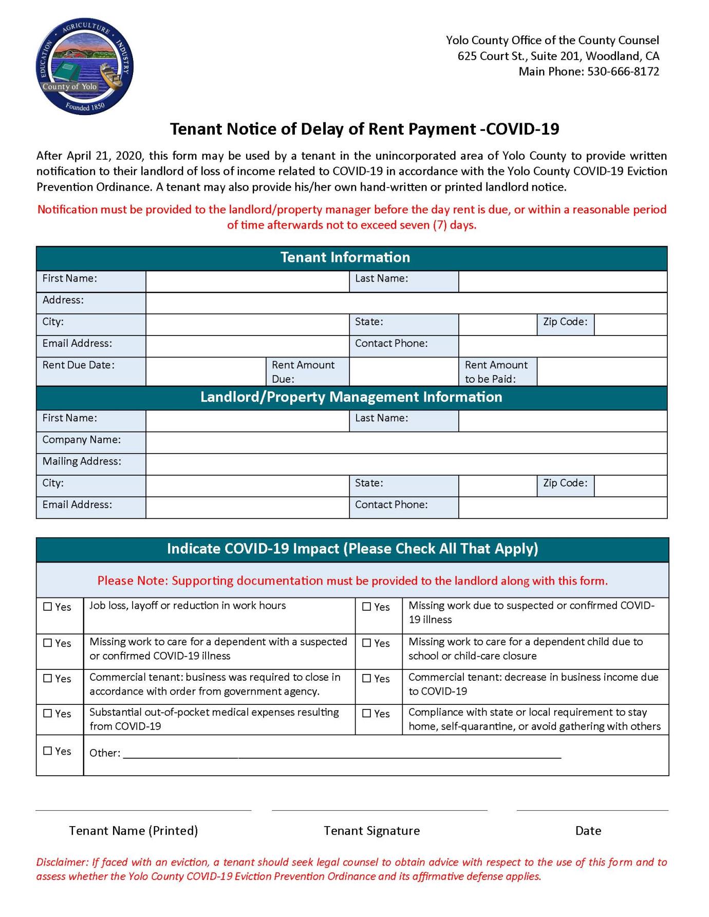 Tenant Delay of Rent Payment Notice