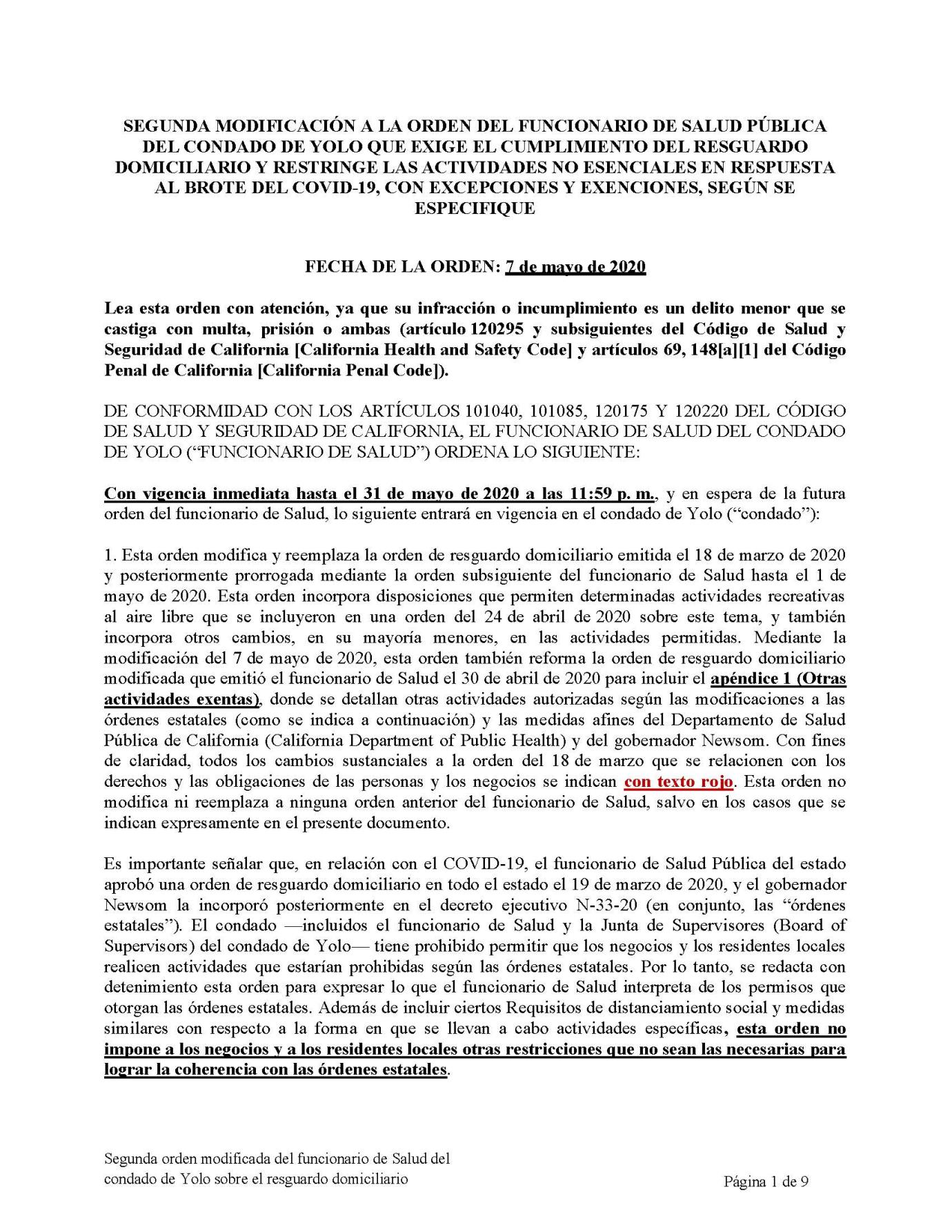 05.27.2020 Order-SIP Amendment and Appendix (Retail, Etc.)_Spanish (Español)