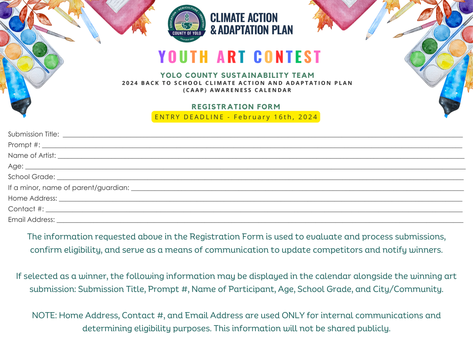 LAST CHANCE CAAP Youth Calendar Art Contest - Registration Form